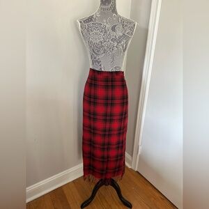 VTG 90s Wool Blend Maxi Skirt Sz:12 Fringe Ends Red Black Tartan Plaid. Lined